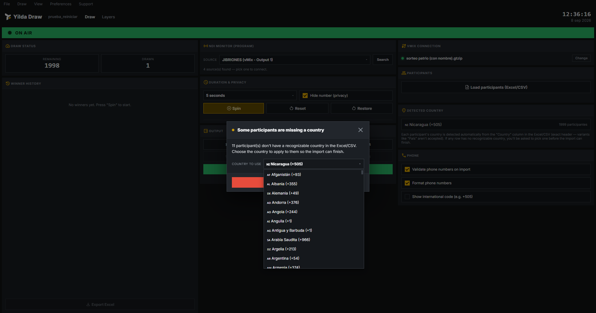 Country selector for rows without a recognized country