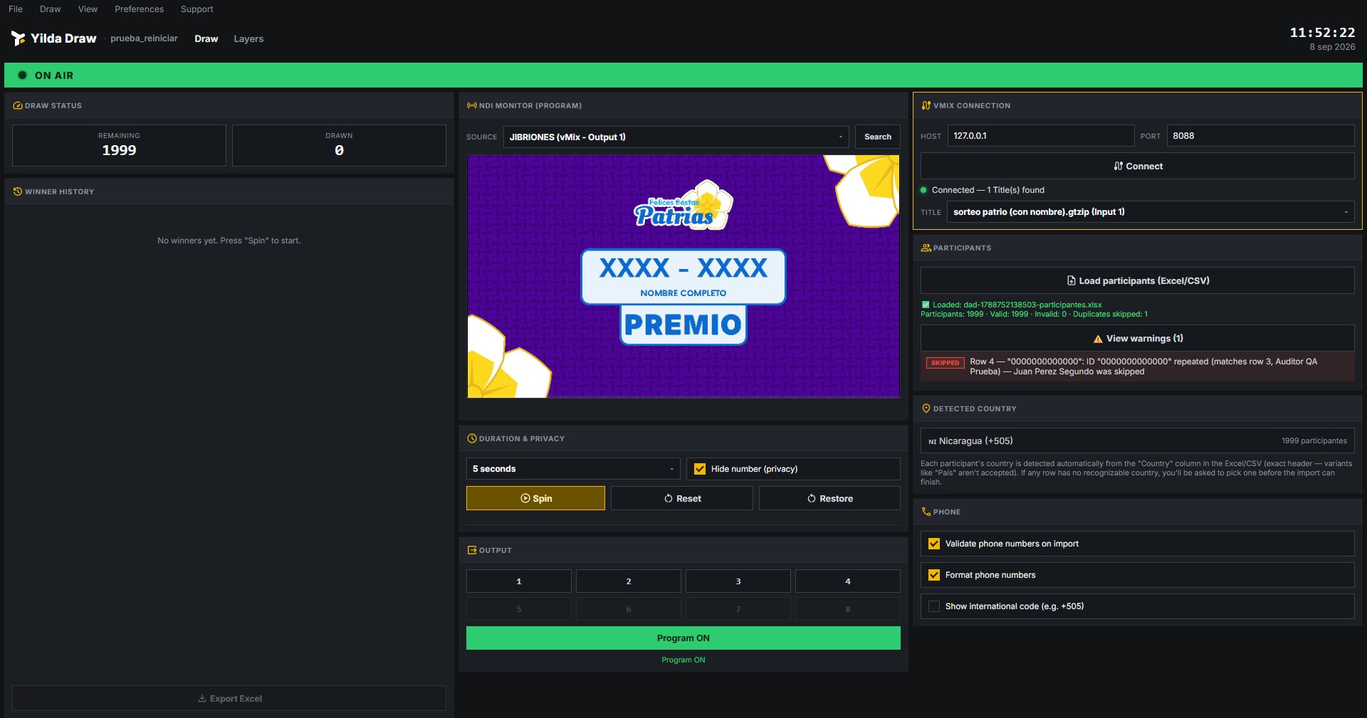 Panel de conexión a vMix